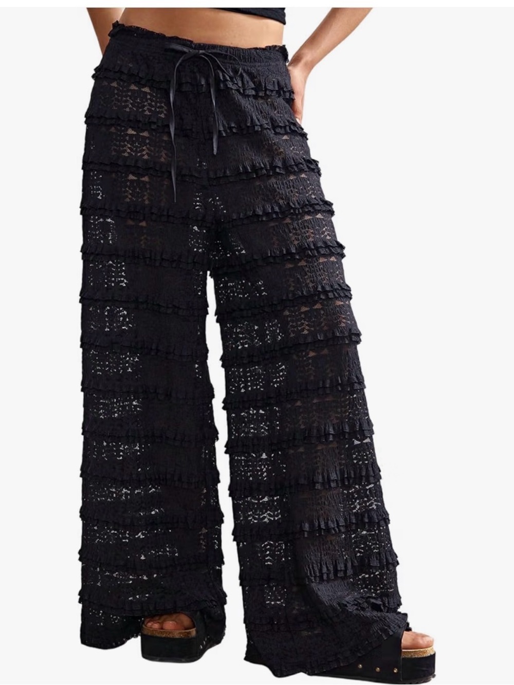 Black Ruffled Lace Cover Up Pants - Picture 1 of 2